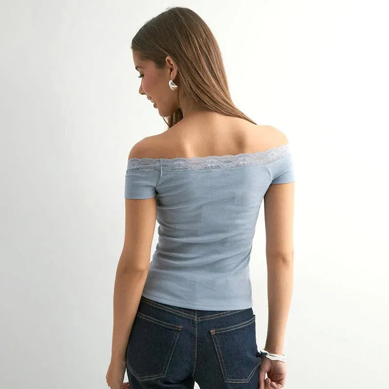 Solid Color Sleeveless Off-neck Lace Top - Gizmo Galaxy