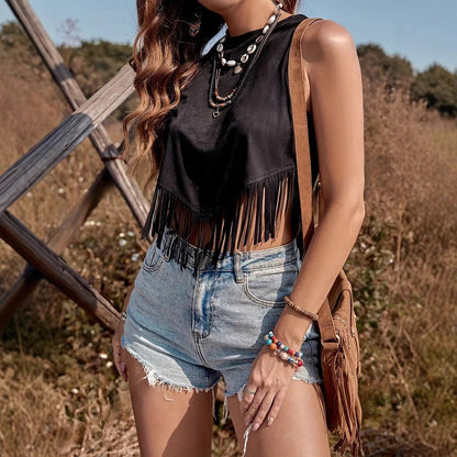 Women's Summer Casual Holiday Tassel Back Lace-up Sleeveless Solid Color Top - Gizmo Galaxy