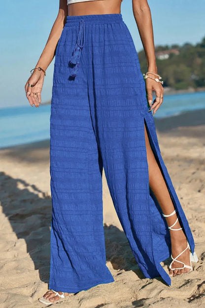 Dark Blue Textured Wide-leg Pants With Slits - Gizmo Galaxy