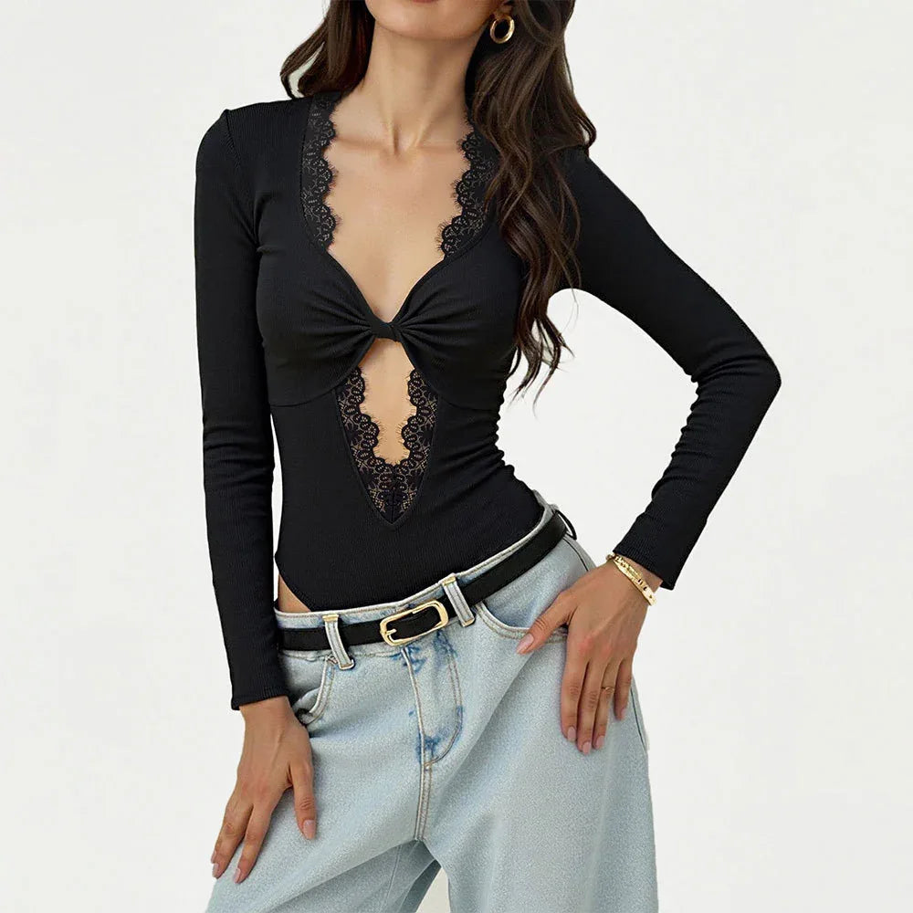 Autumn And Winter Black V-neck Lace-trimmed Twist Long-sleeved Hollow-out Design Slim-fit Bodysuit - Gizmo Galaxy