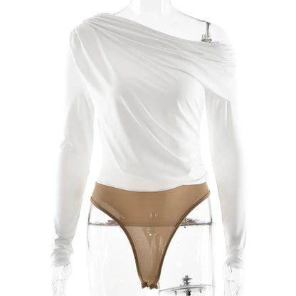 Off-the-shoulder Diagonal Neckline Fitted Long-sleeve Ruffled Bodysuit - Gizmo Galaxy
