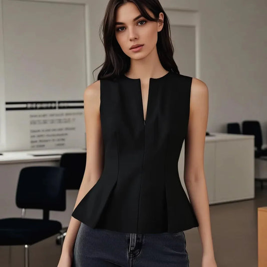 Women's Elegant Slim-fit Short Skirt Hem Round Neck Pleated Top - Gizmo Galaxy