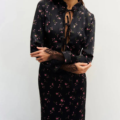 Women's Fashionable Printed Long-Sleeve Lace-Patchwork Skirt Set - Gizmo Galaxy