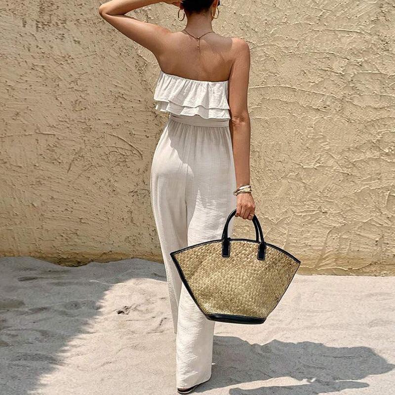 Women's Summer Sleeveless Tube Top Jumpsuit Ruffled Tied Jumpsuit - Gizmo Galaxy