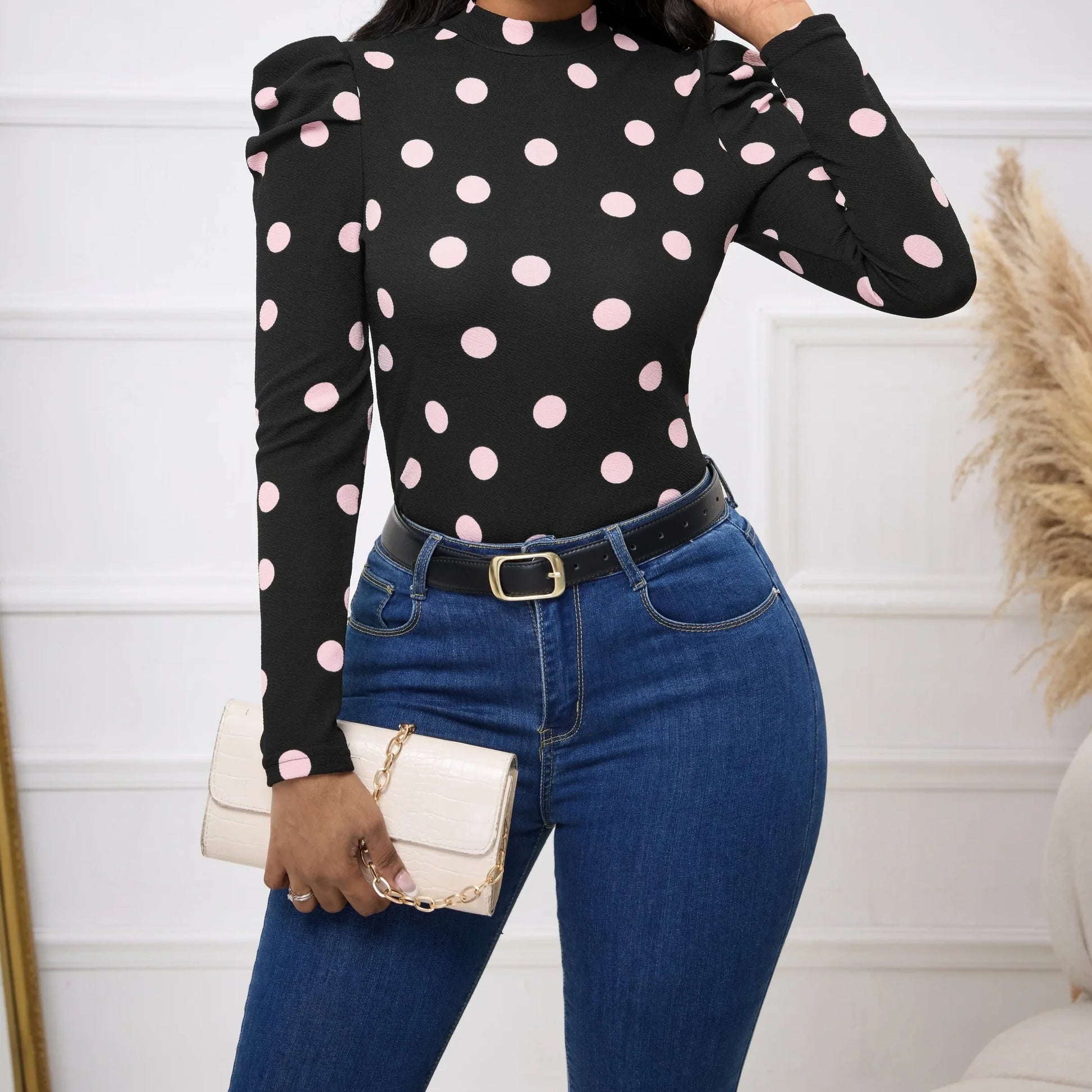 Ladies' Polka Dot Print Slim Fit Figure Enhancing Basic Versatile Elegant T-shirt - Gizmo Galaxy