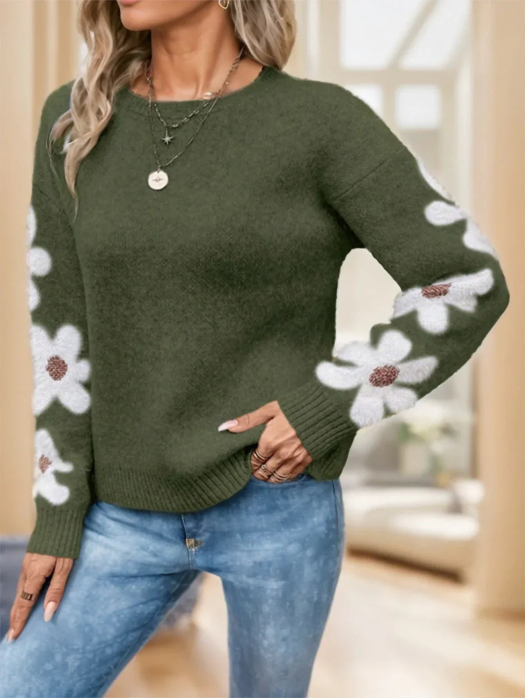 Floral Pattern Drop Shoulder Sweater,Long Sleeve Tops - Gizmo Galaxy