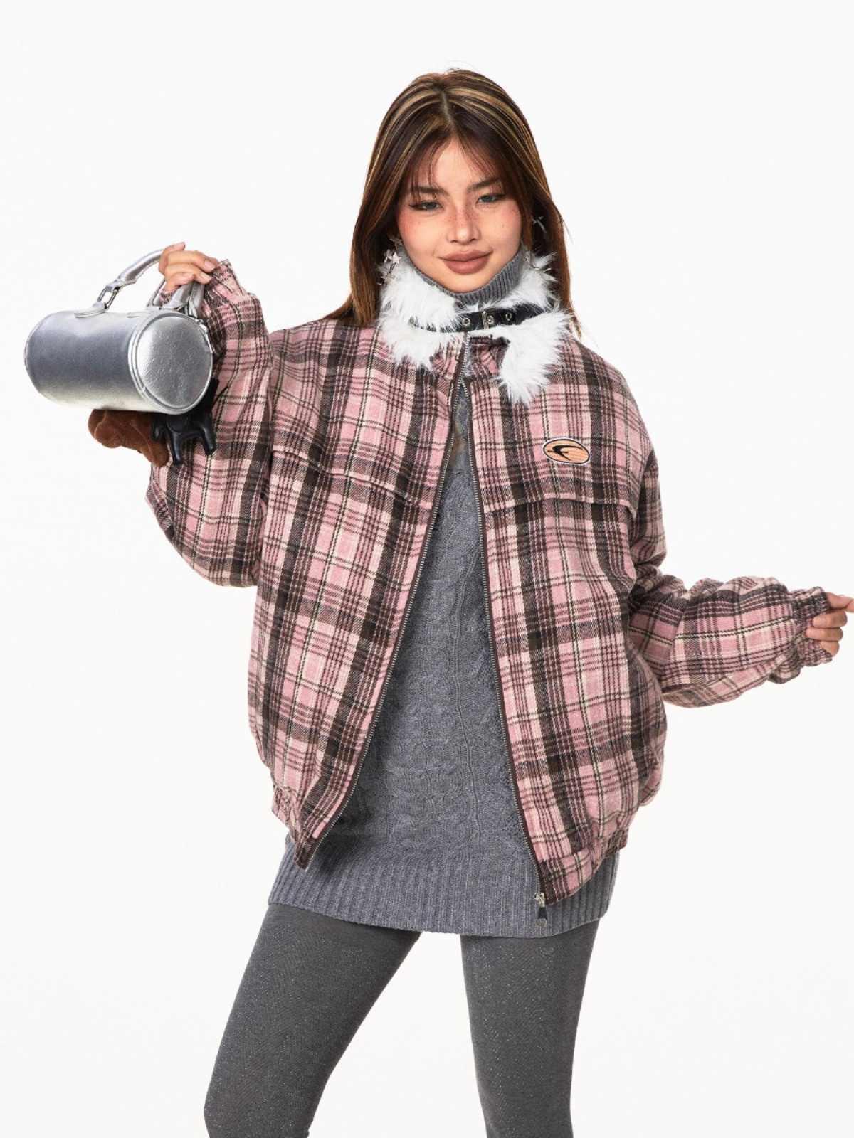 Retro Plaid Fur Collar Age-reducing Gray Loose All-match Design Cotton-padded Coat - Gizmo Galaxy