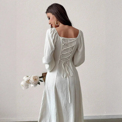 Women's Fashion Square-neck Tie-waist Figure-flattering A-line Dress With Long Sleeves And An Elegant Vibe - Gizmo Galaxy