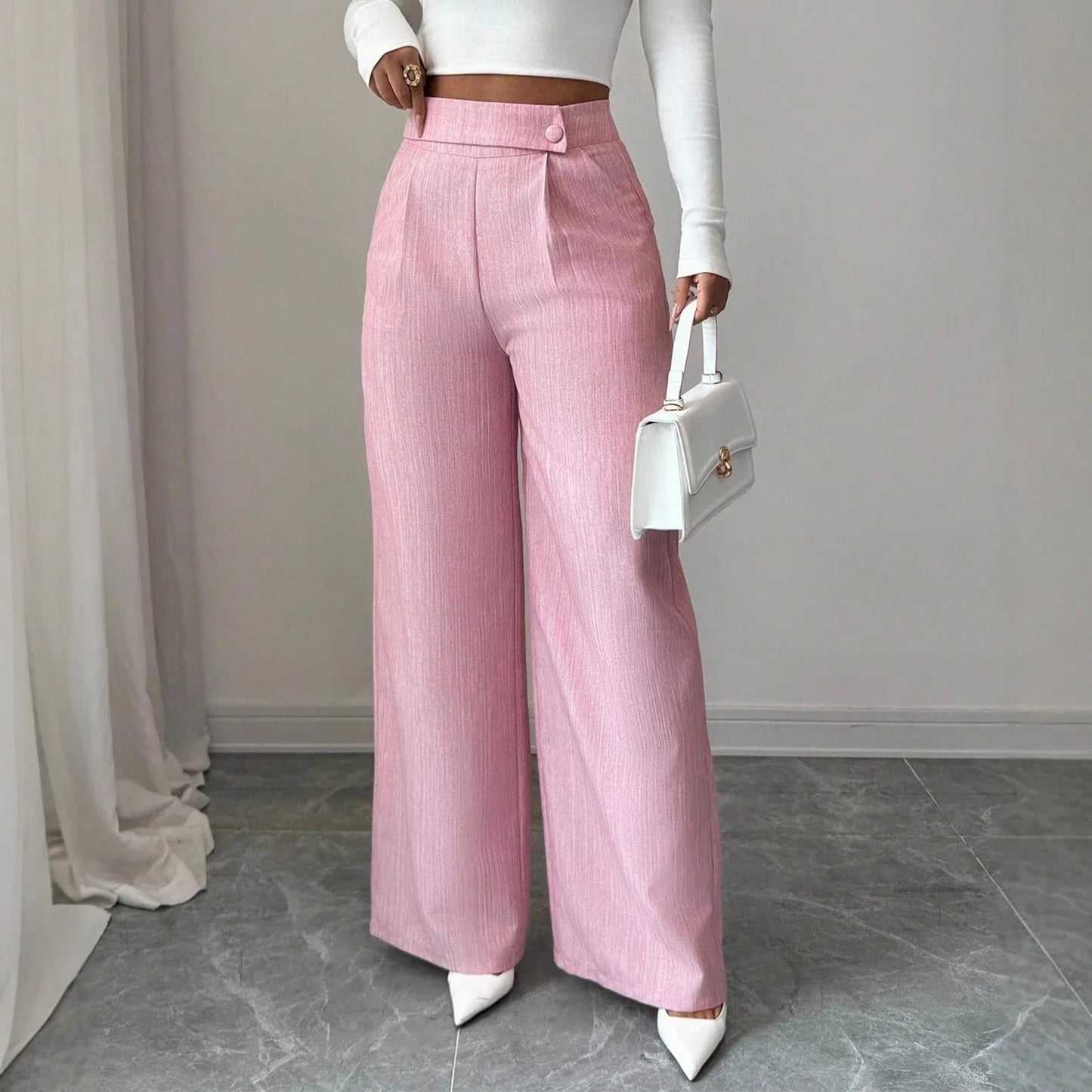 Elegant And Casual Loose Straight-leg Pants With A Waist Button Design - Gizmo Galaxy