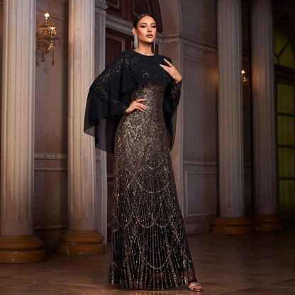 Elegant Long Sleeve Round Neck Shawl Banquet Sequined A- Line Evening Dress - Gizmo Galaxy