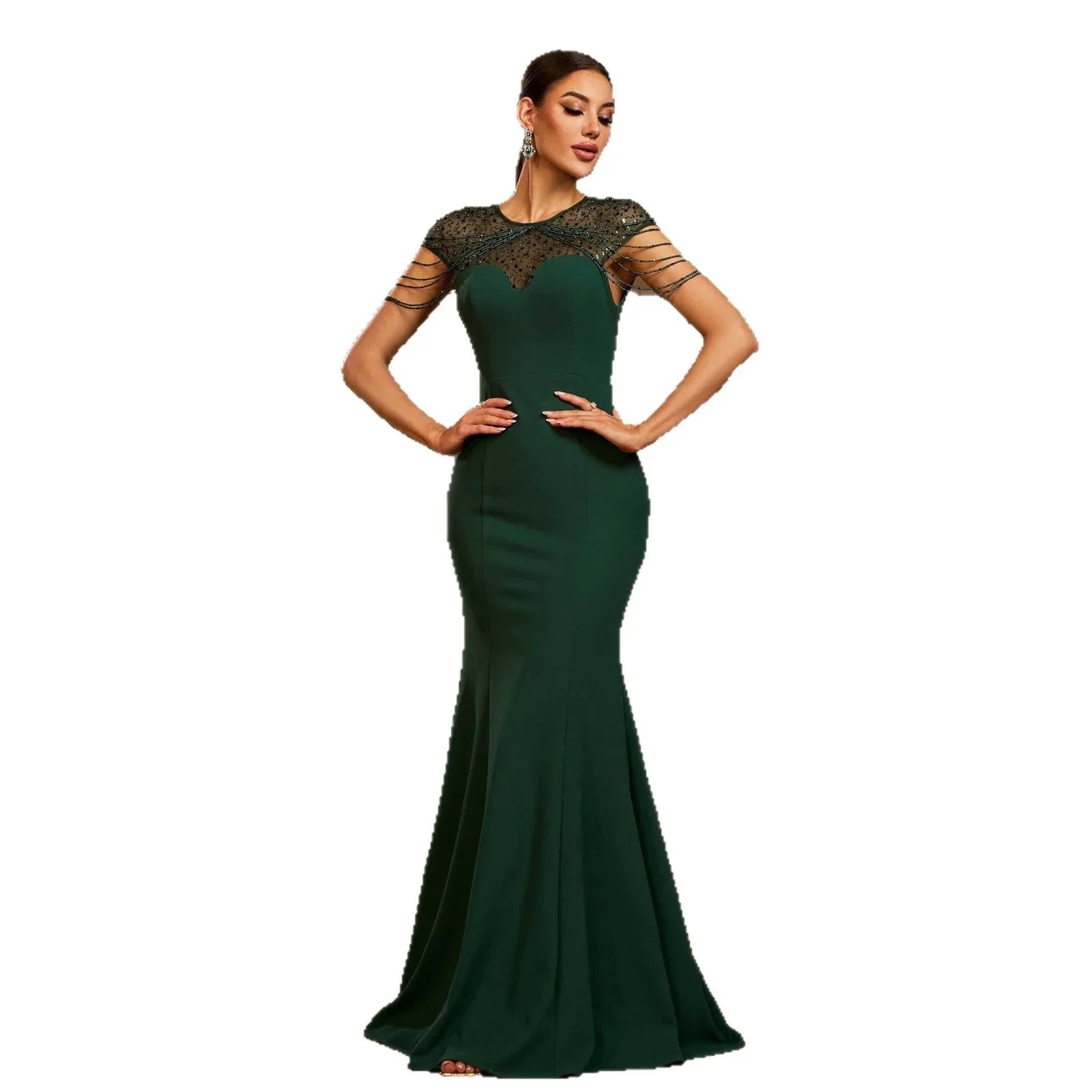 Elegant Sleeveless Round Neck Sequins Slim-fit Sheath Banquet Fishtail Evening Dress - Gizmo Galaxy