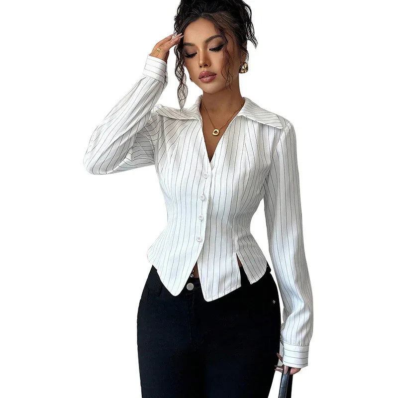 Autumn New Temperament Stripe Long Sleeve Shirt Women's Clothing - Gizmo Galaxy