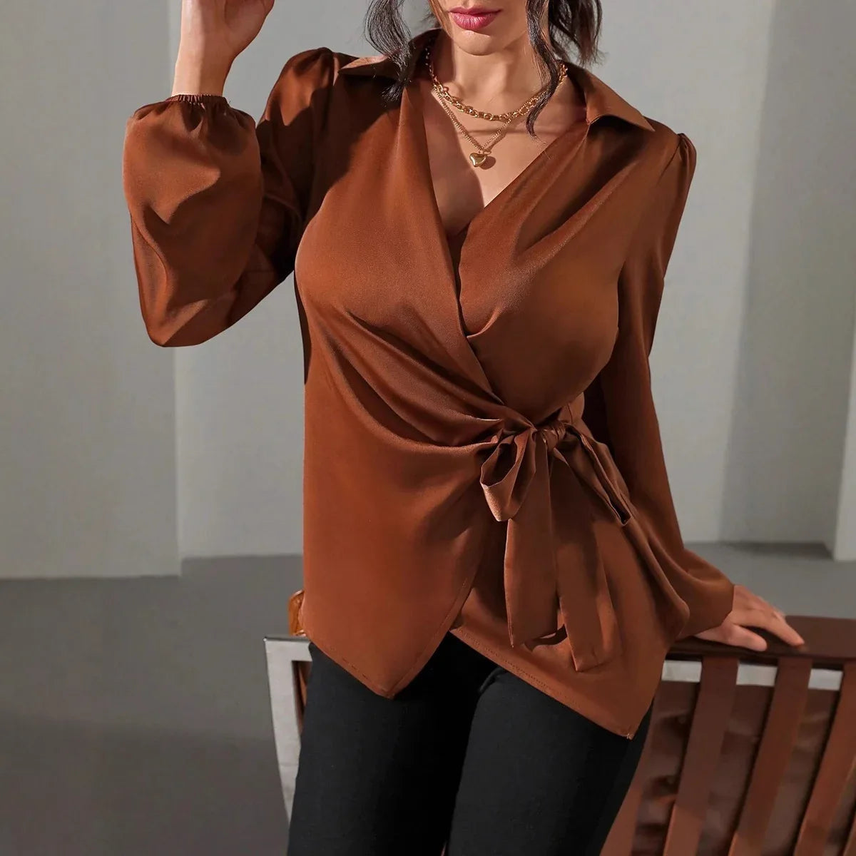 Women's Solid-color Designer-style Long-sleeve Satin Shirt - Gizmo Galaxy