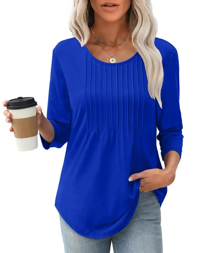 New Women's Long Sleeved Top, Fashionable And Casual Pleated Low Round Neck Women's T-shirt - Gizmo Galaxy