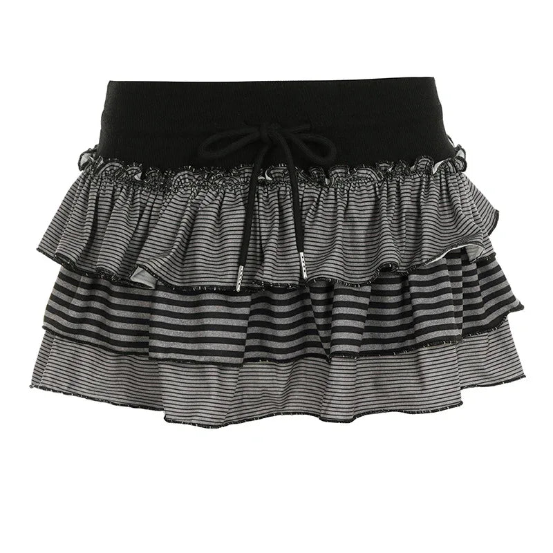 Contrast-color Striped Figure-flattering Layered Ruffle Cake Skirt - Gizmo Galaxy