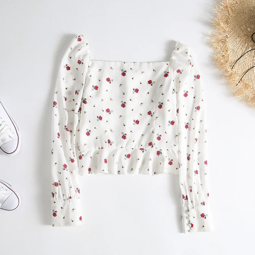 French Retro Square Neck Print Single-breasted Long Sleeve Ruffle Shirt - Gizmo Galaxy