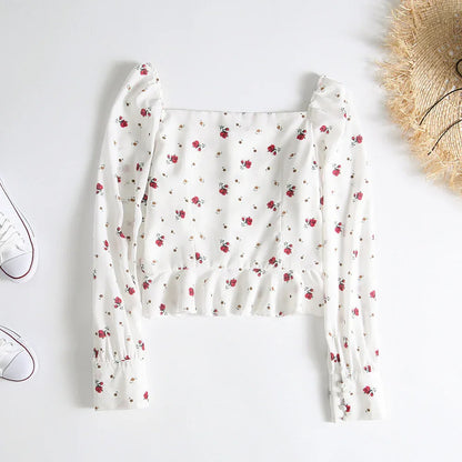 French Retro Square Neck Print Single-breasted Long Sleeve Ruffle Shirt - Gizmo Galaxy