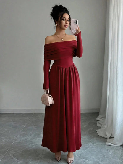 Women's Solid-Color French-Style Off-the-Shoulder Knitted Dress - Gizmo Galaxy