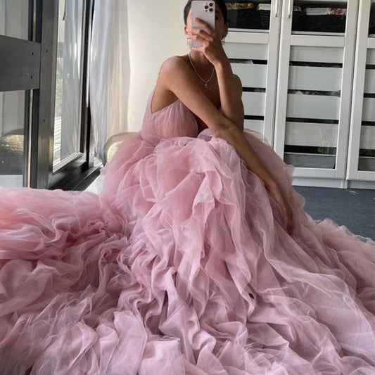Evening Gown Prom Irregular Spaghetti-strap Mesh Long Dress - Gizmo Galaxy