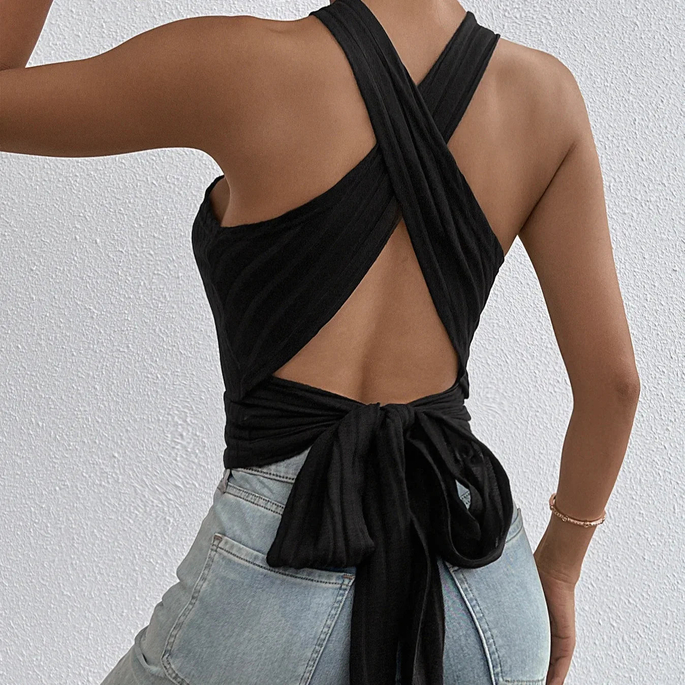 Ladies' Solid Color Fashionable Cross Tie Design, Backless Sexy Slim Fit Camisole Top - Gizmo Galaxy