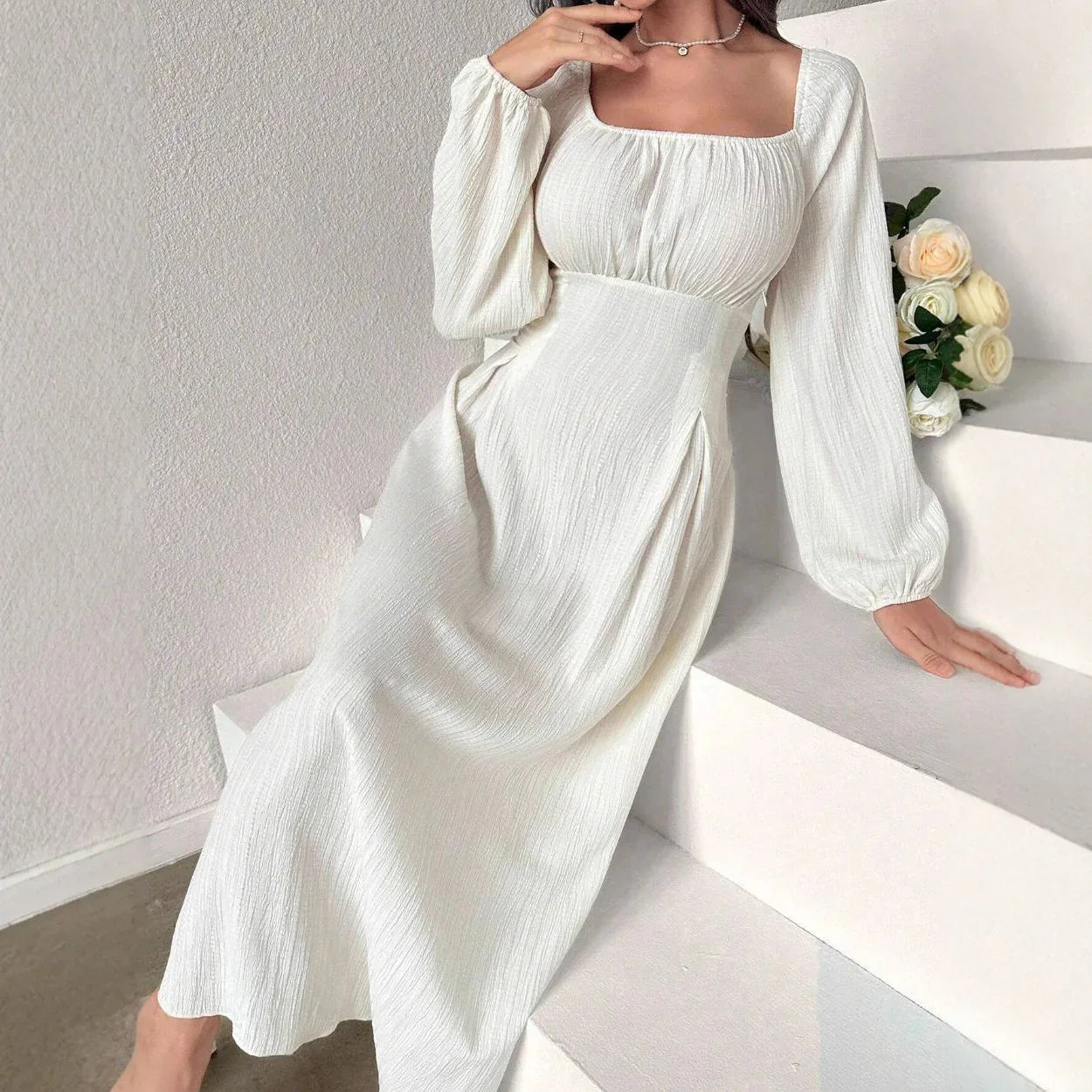 Women's Fashion Square-neck Tie-waist Figure-flattering A-line Dress With Long Sleeves And An Elegant Vibe - Gizmo Galaxy