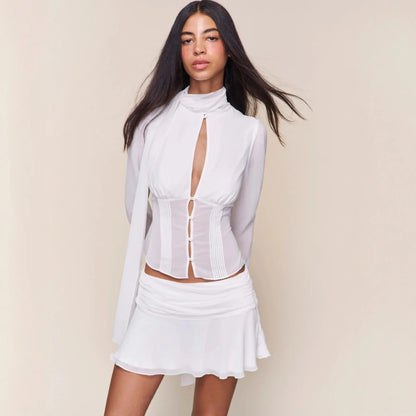 Blouse With Hollow-out Buttons And A Ribbon Tie At The Waist - Gizmo Galaxy