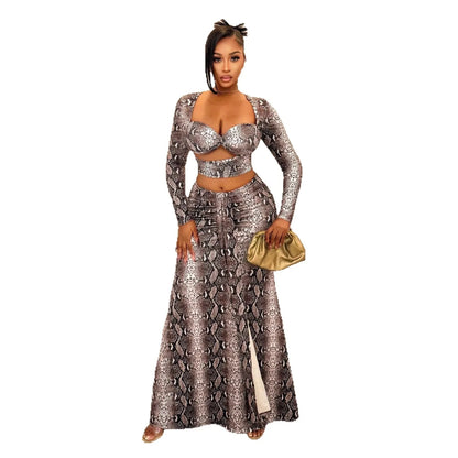Fashionable And Sexy Printed Snake-pattern Long-sleeve Top And Maxi Skirt Set - Gizmo Galaxy