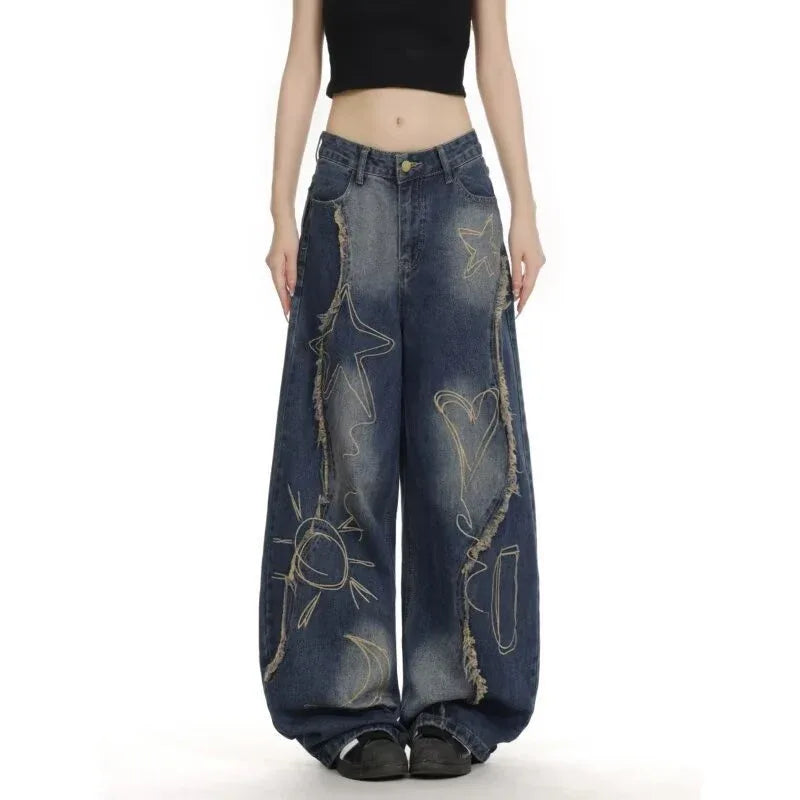 Women's High Waist Ripped Jeans Slim Fit Wide Leg Floor-Length Pants - Gizmo Galaxy