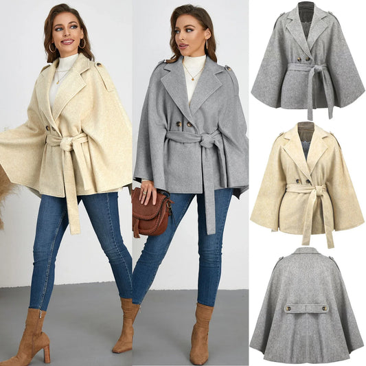 Bandage Coat Batwing Sleeve Lapel Woolen Coat - Gizmo Galaxy