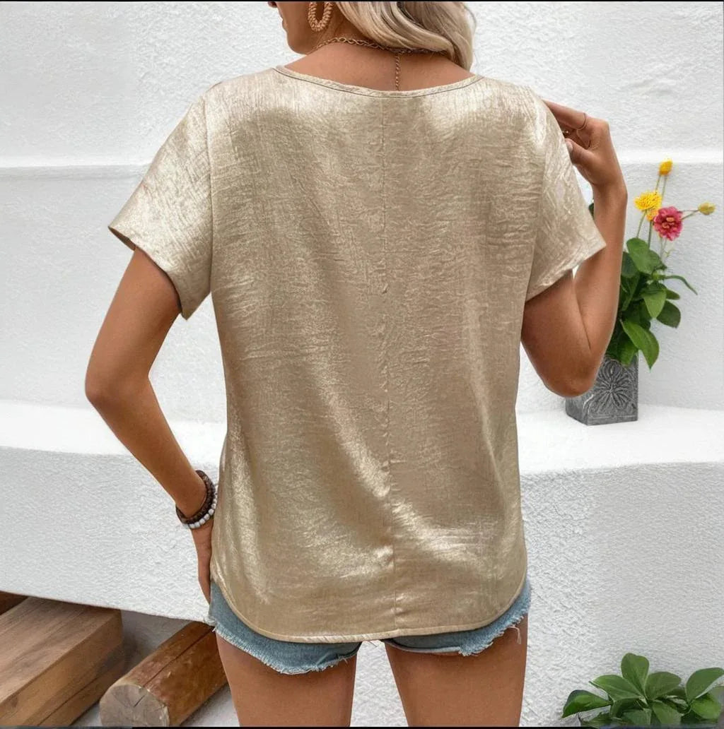 Women's Cowl Neck Short Sleeve Top, Solid Color Loose Fit Summer Office Casual Shirt - Gizmo Galaxy