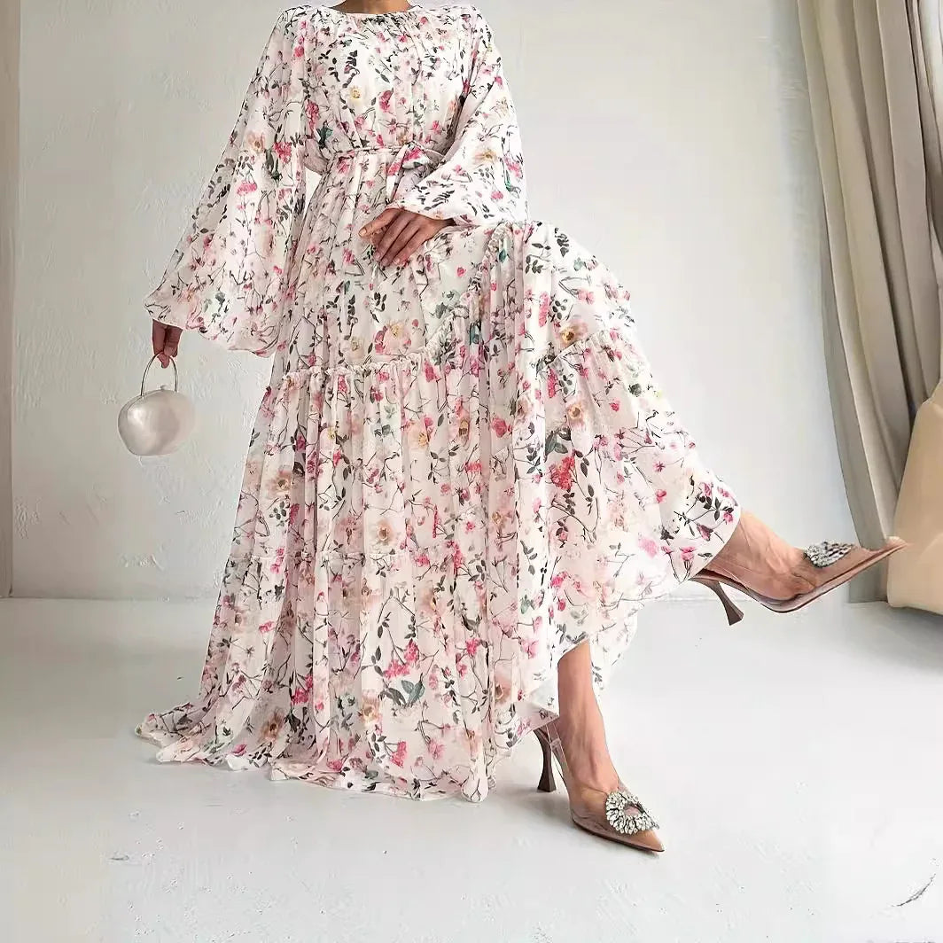 Chiffon Floral Dress With Belt Long Length Stylish And Elegant - Gizmo Galaxy