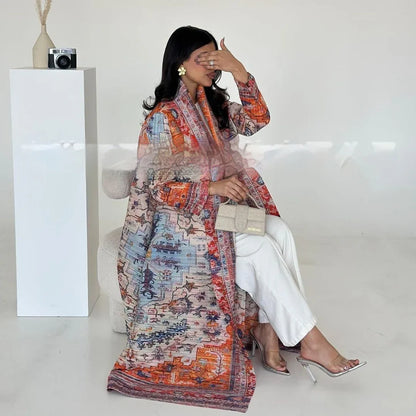 Pleated Trench Djellaba Hot-selling Printed Shawl Cardigan Ethnic Style Cloak Coat - Gizmo Galaxy
