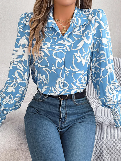 Women's Elegant Color-Blocked Floral Lantern Sleeve Lapel Shirt - Gizmo Galaxy
