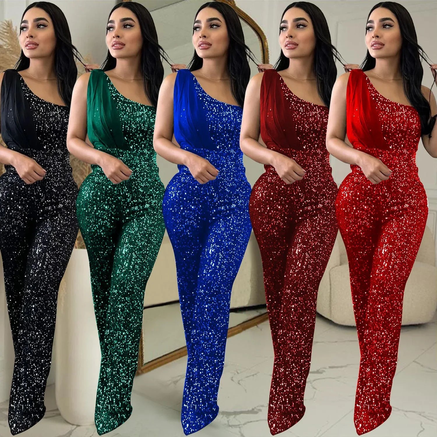 Women's Solid Color Sleeveless One-shoulder Sequined Trousers Jumpsuit - Gizmo Galaxy