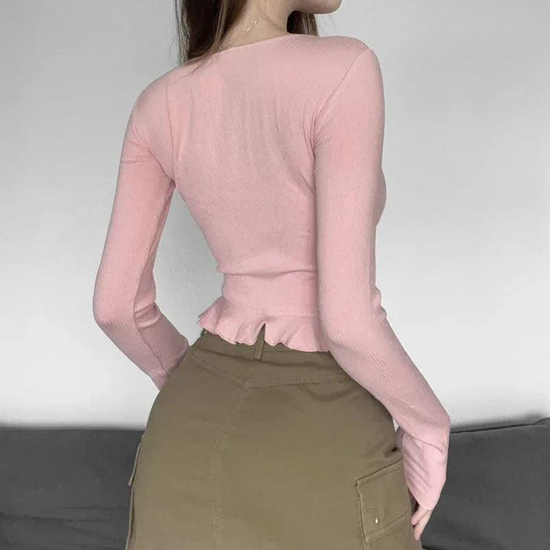 Lace Edge Waist Trimming Lace Up Long Sleeve Waist-controlled Top Women - Gizmo Galaxy