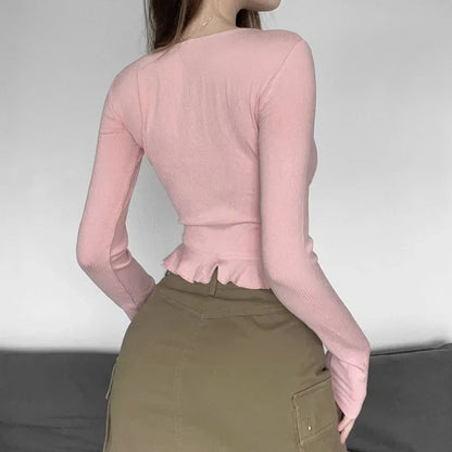 Lace Edge Waist Trimming Lace Up Long Sleeve Waist-controlled Top Women - Gizmo Galaxy