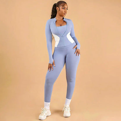 Slim-fit Zipped Fitness Color-block Figure-flattering Jacket And Pants Set - Gizmo Galaxy