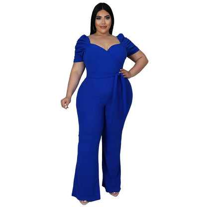 Women's Plus-Size Stand Collar Ruffle Sleeve High-Waist Jumpsuit Wide-Leg Pants - Gizmo Galaxy