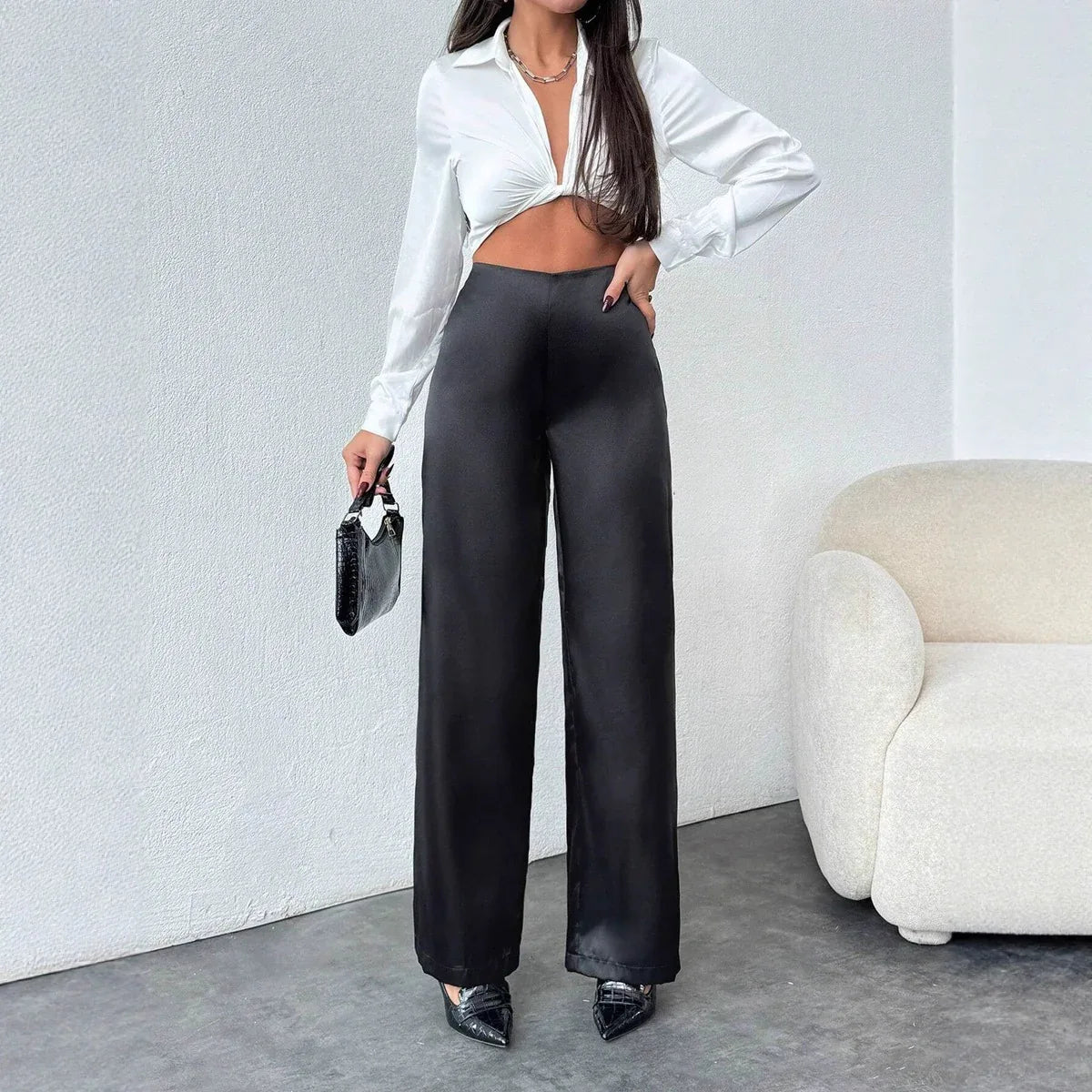 Women's Solid-Colored Casual Loose Satin Wide-Leg Pants - Gizmo Galaxy