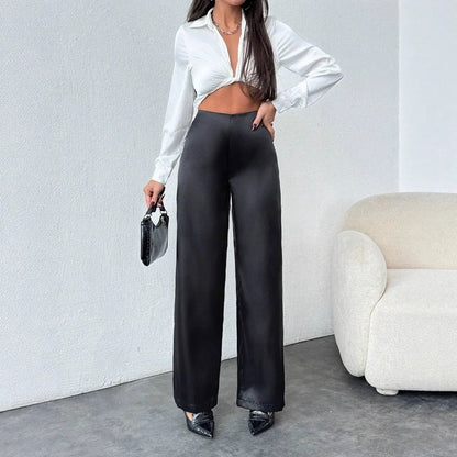 Women's Solid-Colored Casual Loose Satin Wide-Leg Pants - Gizmo Galaxy