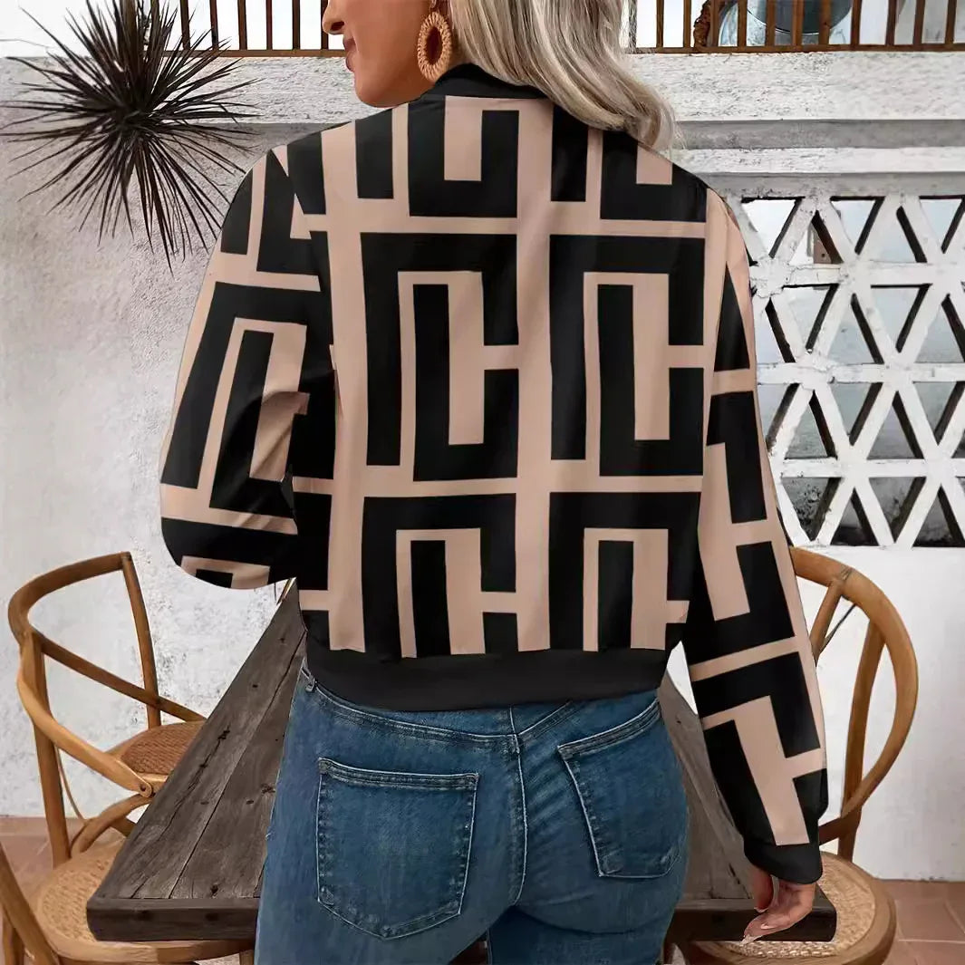 Women's Zipper Geometric Print Casual Long-sleeved Jacket - Gizmo Galaxy