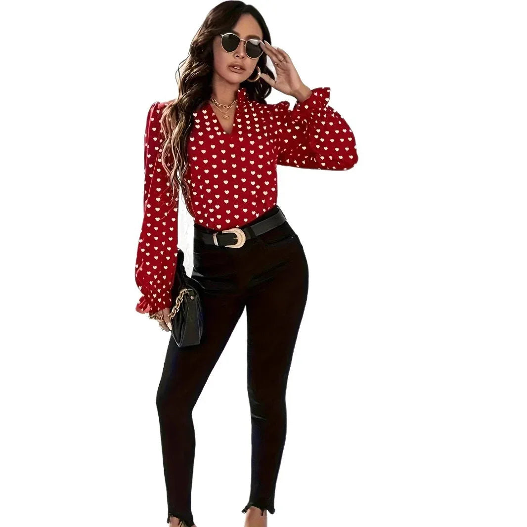 Women's Stand Collar Heart Shape Printed Shirt - Gizmo Galaxy