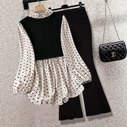 Polka Dot Patchwork Fake Two-piece Long-sleeved Shirt Leggings - Gizmo Galaxy