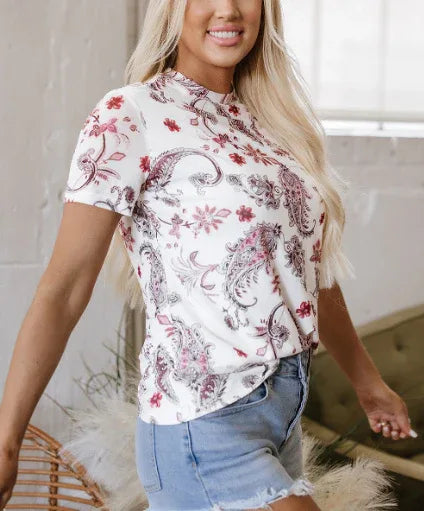 White Vintage Paisley Mock Neck T Shirt - Gizmo Galaxy