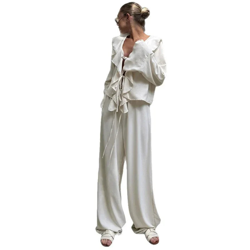 V-neck Ruffled Long-sleeve Shirt And High-waist Wide-leg Pants Two-piece Set - Gizmo Galaxy