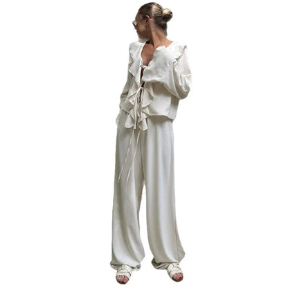 V-neck Ruffled Long-sleeve Shirt And High-waist Wide-leg Pants Two-piece Set - Gizmo Galaxy