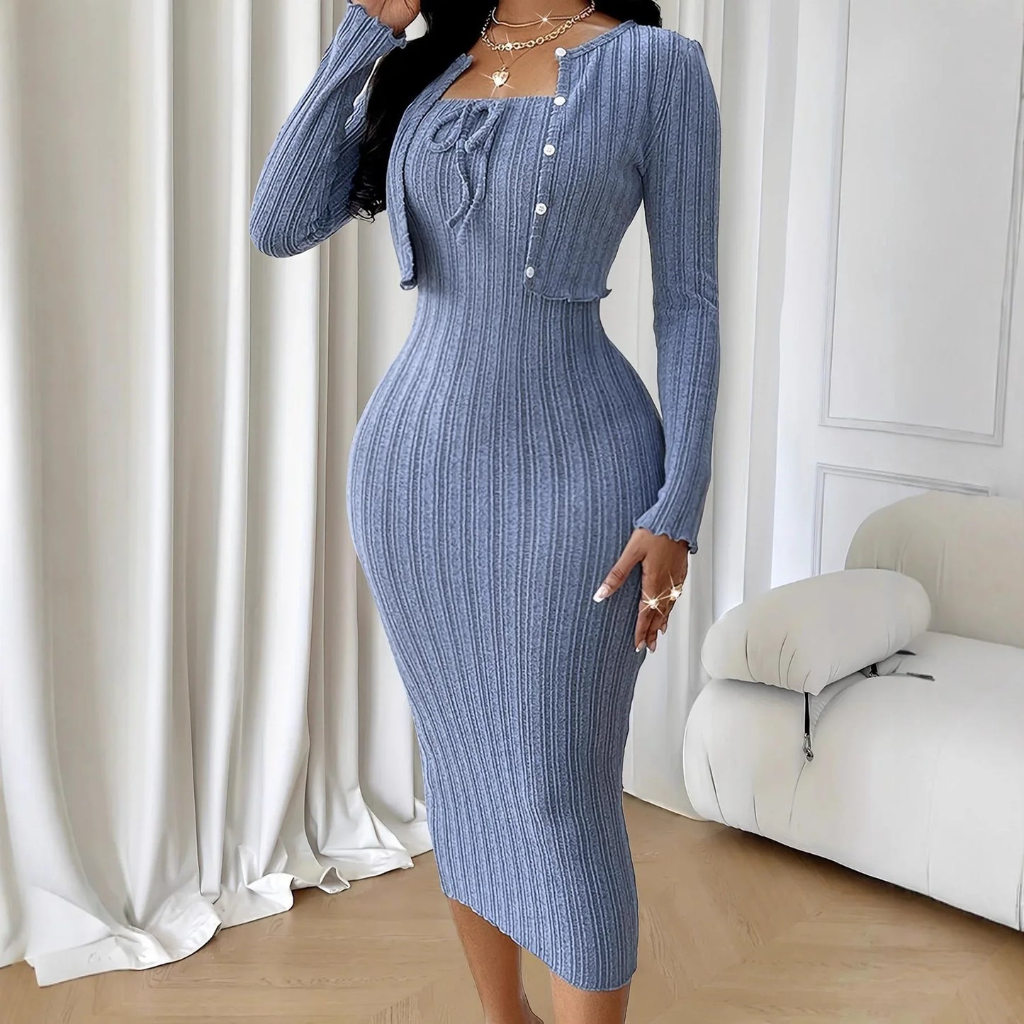 Women's Solid-Color French-Style Slim-Fit Knitted Dress Set - Gizmo Galaxy