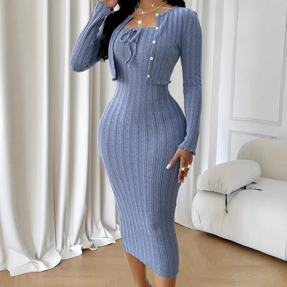 Women's Solid-Color French-Style Slim-Fit Knitted Dress Set - Gizmo Galaxy