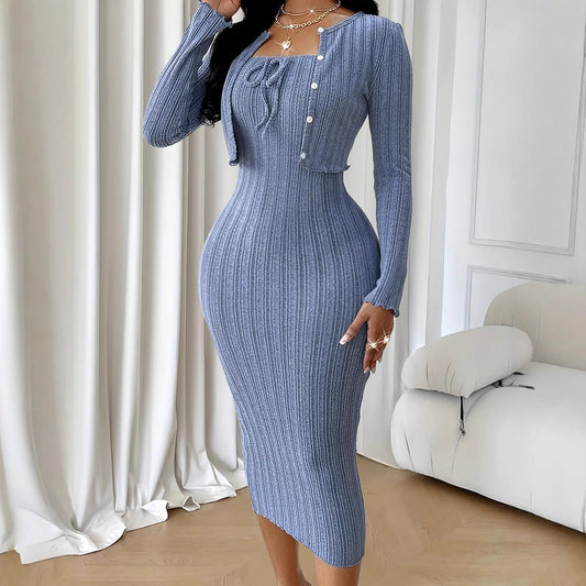 Women's Solid-Color French-Style Slim-Fit Knitted Dress Set - Gizmo Galaxy