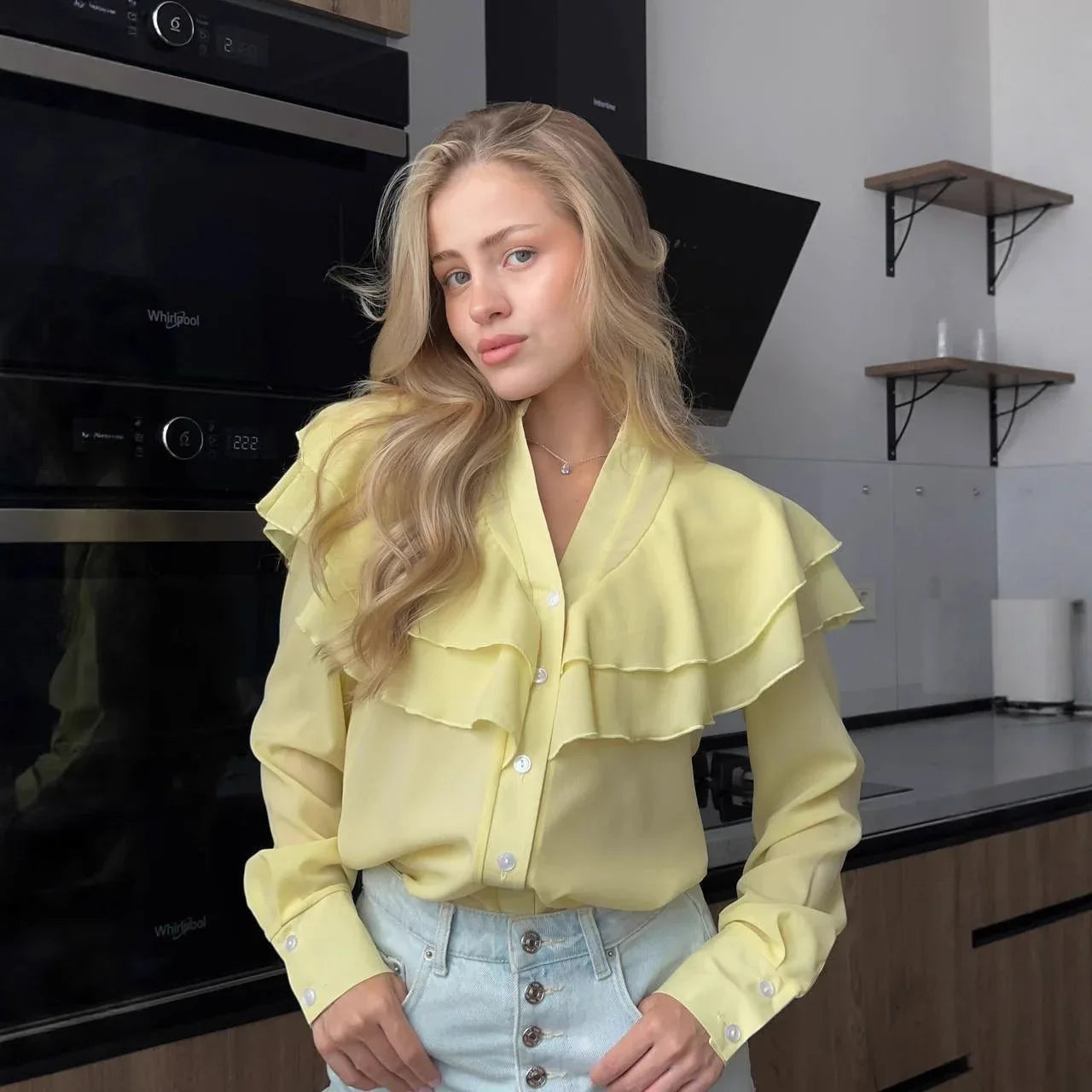 Casual Lotus Leaf V-neck Chiffon Women Temperament Shirt - Gizmo Galaxy